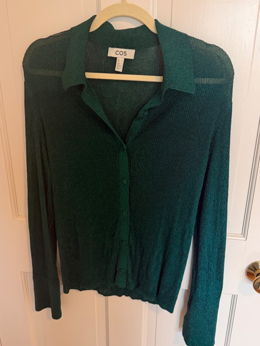 COS Emerald Green Shimmer Knit Collared Button Front Top Size Large Sheer Ribbed